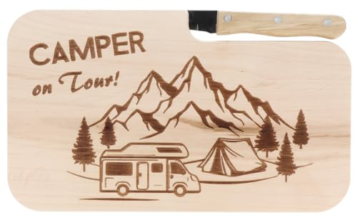 Spruchreif | Tabla de cortar de madera con cuchillo y grabado Camper on Tour! | Idea de regalo perfecta para campistas y aficionados al aire libre | Ideal para el desayuno y el almuerzo de viaje