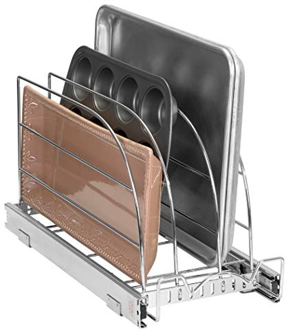 HOLDN' STORAGE Ausziehbarer Organizer für Plätzchenblech, Schneidebrett, Backgeschirr und Tablett, Schieberegal, strapazierfähig, für unter Spüle/Unterschrank, 21,6 cm B x 53,3 cm T x 27,6 cm H, Chrom