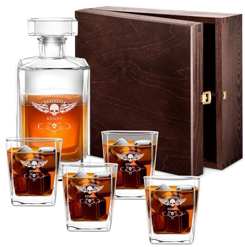 Maverton Whiskey Karaffe + 4 / 6er Whiskygläser Set mit Gravur - 700ml Whisky Dekanter - Geschenk zum Geburtstag für Männer - Living Legend