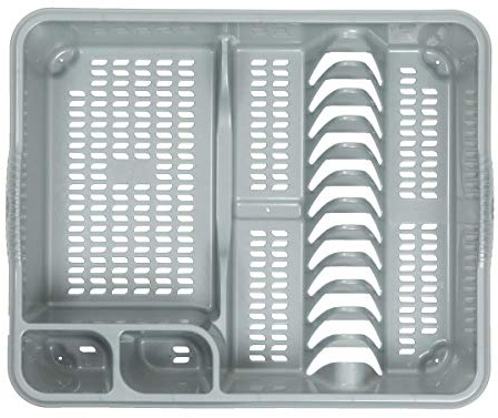 High Grade Plastic Large Dish Drainer Tray Utensil Holder, Draining Board, Dish Drying Rack for Plates and Cutlery 46.50 x 38.00 x 9.00 cm For Kitchen Countertop (Large Dish Drainer, Soft Grey)