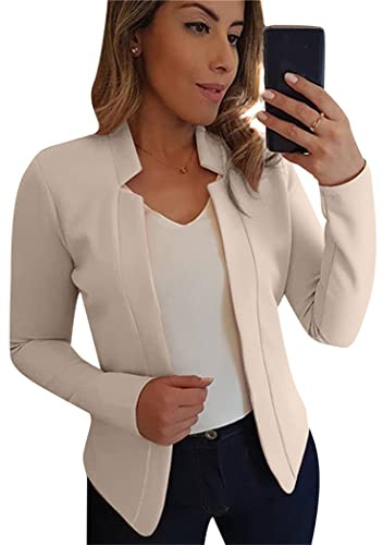 OMZIN Femmes Travail Bureau Cropped Blazer Revers Manches Longues Open Front Veste Courte Beige 3XL