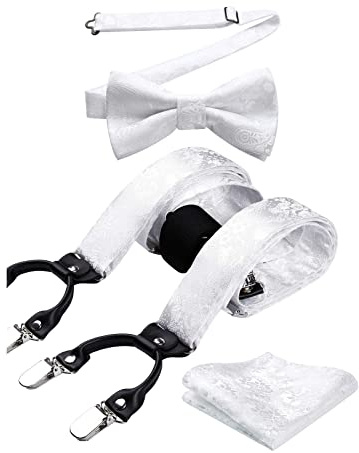 HISDERN Hosenträger Herren Weib Blumen Mit 6 Extra Stark Clips Fliege und Hosenträger Einstecktuch Set Klassische Verstellbar Y Form Elastisch Hochzeit Braces