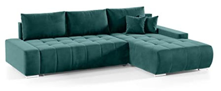 FEDVE Ecksofa mit Schlaffunktion Flaschengrün - Dhaka – Praktisches Schlafsofa mit Bettkasten Rechts – Gemütlich Rückenkissen Sofa mit Bettfunktion – Sofa L Form zum Salon für Viele Jahr