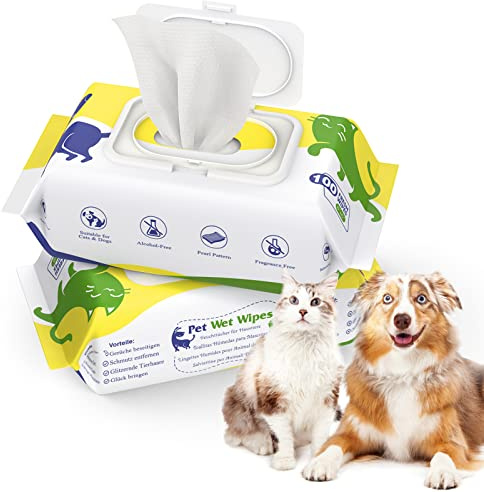VavoPaw 2 PZS Toallitas Higiénicas para Perros Gatos, 100 Unidades Toallitas Húmedas Desinfectantes Naturales con Tapa sin Alcohol y sin Fragancias para Cuidado de Mascotas Cuerpo Orejas Patas, Blanco
