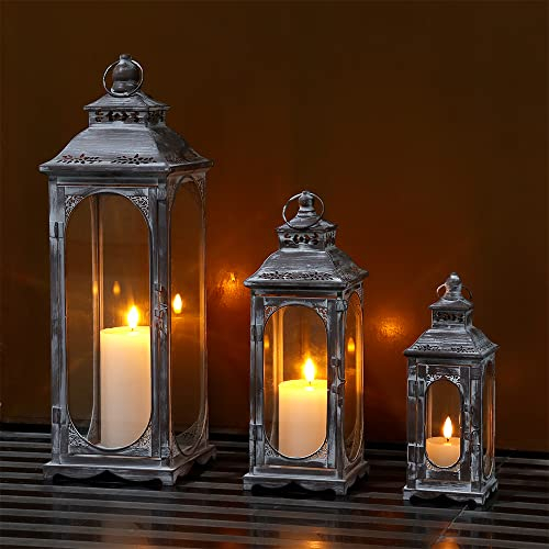 TRIROCKS Set of 3 Vintage Candle Lanterns 26/35/50 cm H Decorative Metal Candlesticks Holder with Tempered Glass for Home Living Room Garden Yard Parties Event Indoors Outdoors (Cement Grey)