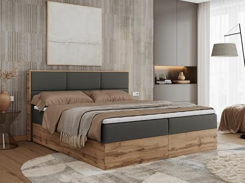MKS MEBLE Boxspringbett, Bett mit Zwei Bettkästen und Multipocket - Matratze. Deco Bett für Moderne Schlafzimmer - Albero-2-140x200 - Dunkelgrau Kunstleder - H3