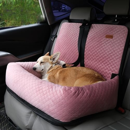 RUYICZB Hundesitz Auto Rückbank, Hunde Autositz, Waschbarer Sitzerhöhung Für Kleine Und Mittelgroße Haustiere, Haustier Reisebett rutschfeste Hundedecke Mit Sicherheitsgurt,Rosa