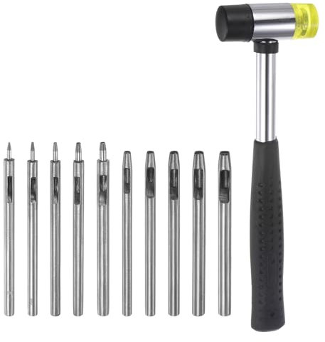 sourcing map 10pcs Leather Hole Punch 0.5-5mm Stainless Steel Round Hole Punch Puncher Tool Hollow Punch Set with Hammer for Leather Fabric Canvas Cloth Watch Band Wallet Belt