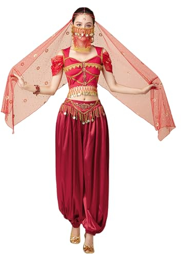OTMYIGO Frauen Indien Bauchtanz Kostüme Set Sari Outfit Bollywood Ägypten Bauchtanz Bühnenaufführungswettbewerb Halloween Jasmine Princess Fancy,4 piece Set red,L