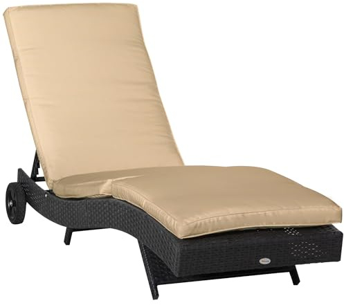 Outsunny Sdraio da Giardino in Rattan PE, Lettino Prendisole con Schienale Regolabile e Cuscino Imbottito, 207x70x70cm, Beige