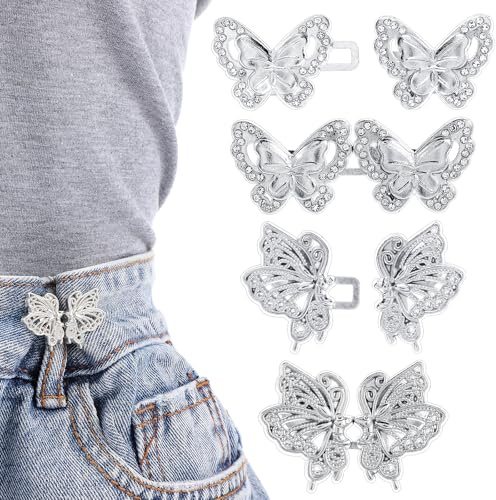 GEEHUA Tensor de cintura para pantalones, sin coser, sin herramientas, tensores de botones ajustables y desmontables, 4 pares de botones de mariposa para pantalones de mezclilla sueltos, plateado