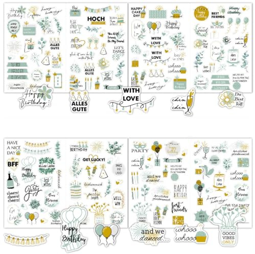 Sticker Geburtstag (4 Bögen 170 Motive), Aufkleber für Fotoalbum oder Gästebuch, Liebevoll gestaltete Geburtstagssticker als Party Deko Erwachsene & Kinder (Deutsch und Englisch,Party Grün)