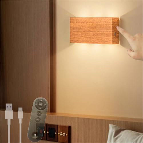 TZSMUM LED Wandleuchte Innen mit Touch Control Schalter Wandstrahler Dimmbar Wandbeleuchtung mit Fernbedienung Kabellose USB Aufladbar Wandlampe Schlafzimmer Flur wohnzimmer (Helle Holzfarbe)