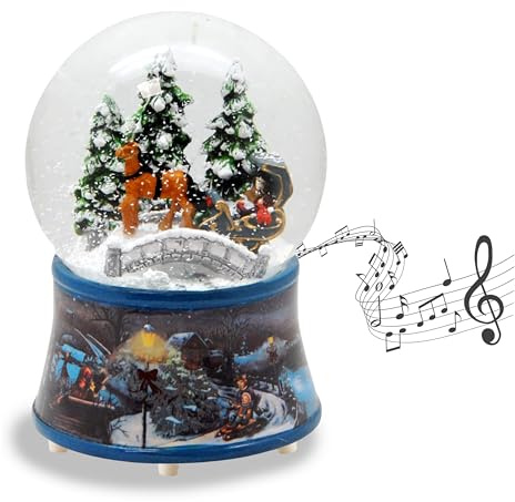 Schneekugel Spieluhr Weihnachten | Kutsche Brücke | B: 10cm | 20257 | Schlittenfahrt Winterwald | Nostalgie | Höhe: 14 cm | Schüttelkugel Weihnachtsdekoration | mit Musik