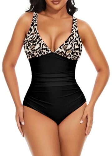 SHAPERIN Costume da Bagno Donna Intero Contenitivo Pancia Swimsuit Modellante Monokini con Scollo a V Profondo Push Up Beachwear, Leopardato, L