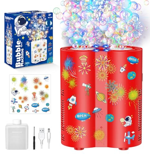 PANACARE Feuerwerksblasenmaschine, Automatische Seifenblasenmaschine mit 240ml Seifenblasenlösung/Licht/Musik, Geschenk für Weihnachten/Party, Weltraumseifenblasenmaschine für die Silvesterparty