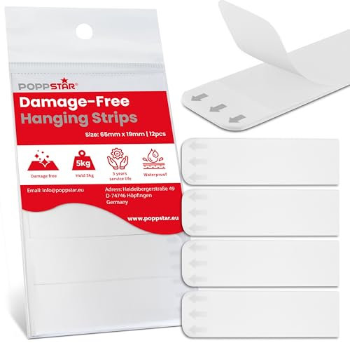 Poppstar Strisce biadesive per montaggio impermeabili (65mm x 19mm) Strisce adesive extra forti per doccia, bagno, cucina (autoadesive, rimovibili senza residui, 12 pezzi)