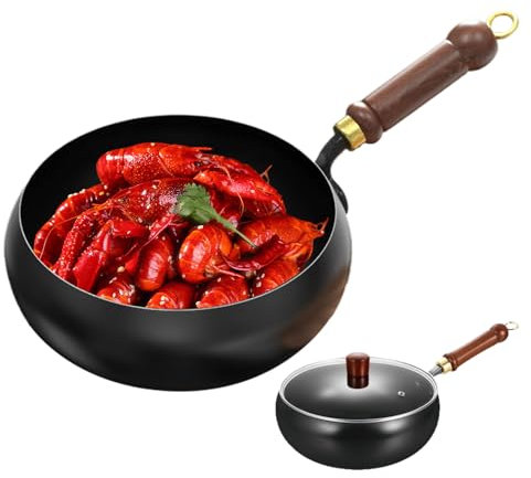 Uhngw Poêle à Frire,Wok en Fer avec Couvercle Résistant aux Rayures | Ustensile de Cuisson Antirayures Sans Revêtement à Fond Plat Compatible Induction pour Cuisson au Four, Ragoûts et Sautés