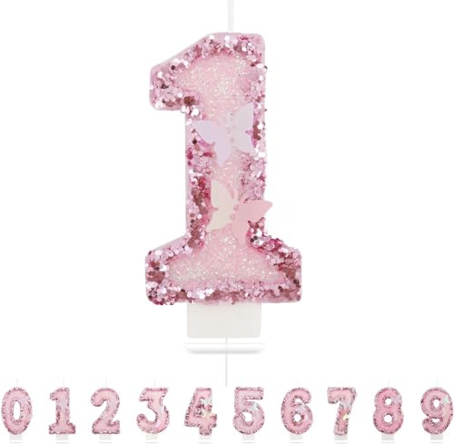 Heyumybit Bougies d'anniversaire Numéro 1,3D Rose Bougie Chiffre 1,Scintillantes Papillon Decoration Gateau Anniversaire pour les Fournitures de Célébrations d'Anniversaire