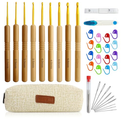 41 Stk. Set Häkelnadel mit Ergonomischer Holzgriff,Bambus Häkelnadeln Praktisch Häckel Crochet Hook Set für Anfänger, Arthritis, Licht Häkelnadeln für Schal Socken Pollover