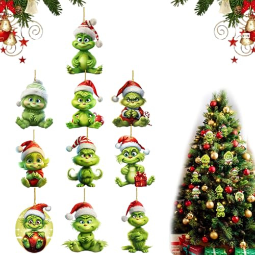 Viechoes 10 Stück Grinch Weihnachtsbaum Dekorationen,Grinch Deko Weihnachten,Grinch Weihnachtsbaumschmuck,Grinch Baumschmuck,Grinch Weihnachtsschmuck,Geeignet Zuhause, Urlaub, Party