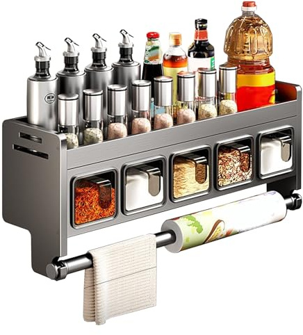TECKZOON Mensola da Cucina da Parete Senza Foratura, Mensola Porta Spezie Sospesa in Acciaio Inossidabile con Portarotolo da Cucina e 5 Contenitori Spezie, Organizzatore di Spezie da Parete