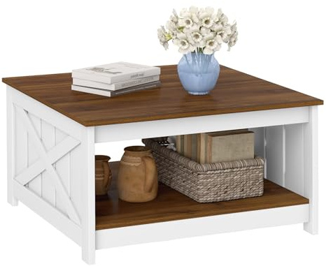 COSTWAY Couchtisch Holz, Wohnzimmertisch 2 Ebenen, Vintage Kaffeetisch mit offenem Fach, Sofatisch Quadratisch 78 x 78 cm für Wohnzimmer, rustikales Braun + Weiß