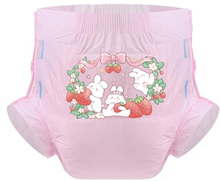 CutiePlusU Windeln für Erwachsene 3 Stück, trockene Oberfläche, maximale Saugfähigkeit über Nacht, Einweg-Inkontinenzwindel– Strawberry Rabbit Pink（L 95-120CM)