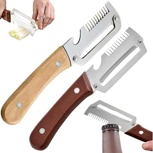 Pelapatate, Pelapatate Da Cucina Multifunzione Con Apribottiglie E Grattugia, Pela patate Ergonomico Con Manico In Legno, Lama In Acciaio Inox Ultra Affilata,Per Mele, Carote, Zucca E Patate (E)