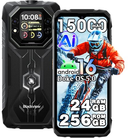 Blackview Rock 1 Android 16 Rugged Smartphone, 24GB+256GB AI Smartphone, 15000mAh, 6.56 + 2.01 Dual Screens, 20MP+16MP, 4G LTE Rugged Phone Unlocked, IP68/IP69K, Gemini AI, NFC, OTG, Black