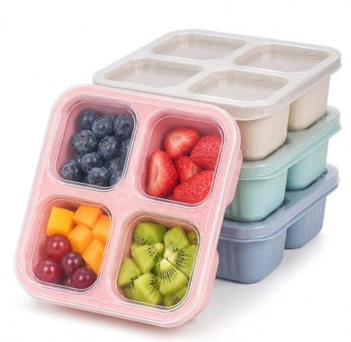 YESAH 4 Pack Snack Boxes with Lids,4 Compartment Meal Prep Containers | Reusable Bento Lunch Boxes for Work,Travel,Fruit,Nuts,Salad,Snacks and Daily Food Storage
