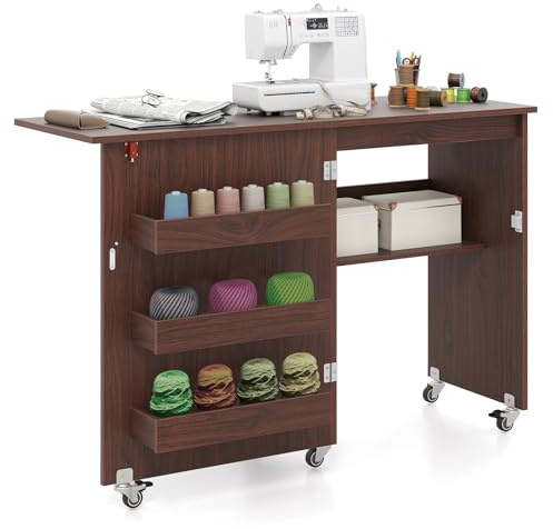 CASART 2-In-1 Sewing Table, Foldable Hobby Craft Table with Open Shelves & Rolling Casters, Multipurpose Sewing Machine Cabinet Computer Desk (Dark Brown, 116 x 40 x 78cm)