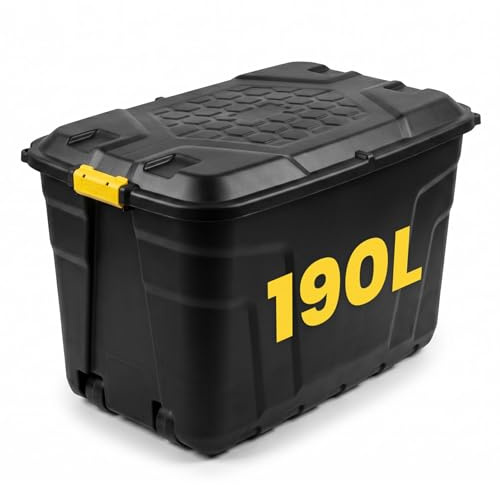 NOVECRAFTO 190L Extra Large Storage Box on Wheels with Lid – Heavy-Duty Storage Box with Clip-Lock Handles, Padlockable, Stackable & Weather-Resistant – Garage, Shed & Outdoor (Black)