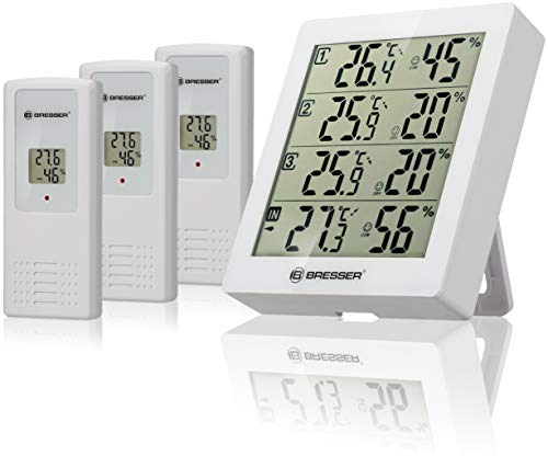 Bresser Wetterstation Funk mit Außensensor Hygro Quadro inklusive 3 Außensensoren um bei 4 Umgebungen gleichzeitig Temperatur und Luftfeuchtigkeit zu messen und zu kontrollieren, grau
