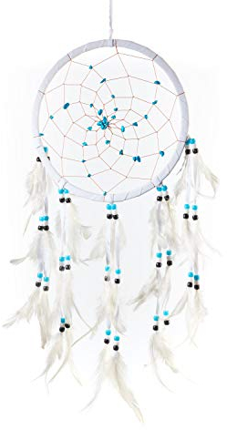 Pink Pineapple Grande Dream Catcher Bohemien Fatto a Mano: Bianco Acchiappasogni Etico da Appendere Arte da Parete con Piume e Pietre Turchesi con Tradizionale Disegno all'Uncinetto - 22 cm x 60 cm