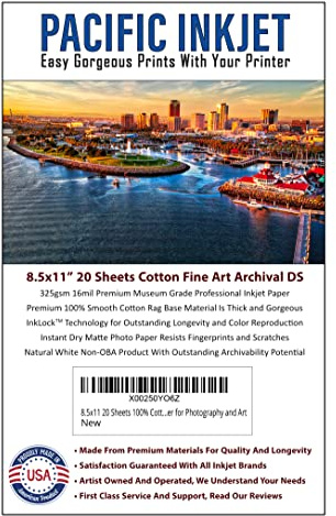 8.5x11 20 Sheets 100% Cotton Fine Art Matte Finish Double Sided Inkjet Paper - Professional Archival Grade Paper for Use with Inkjet Printers - OBA Free Printer Paper for Photography and Art