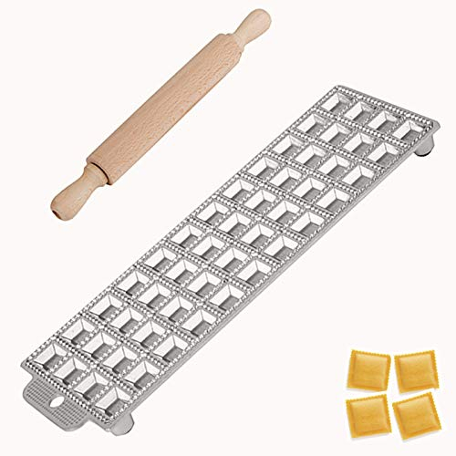 Verbania Shop Stampo RAVIOLATORE Quadro 48 POSTI Ravioli 1,6 x 1,6 cm in Alluminio con Rullo in Legno
