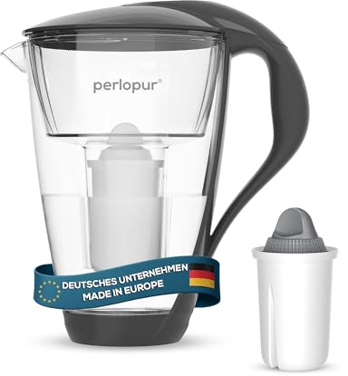 perlopur® Glas-Wasserfilter (anthrazit) +1 Filterkartusche Protect+ | Borosilikatglas, 2 l gesamt, 1 l gefiltert, LED-Anzeige, für classic Kartuschen, für sehr hartes Wasser, starke Entkalkung