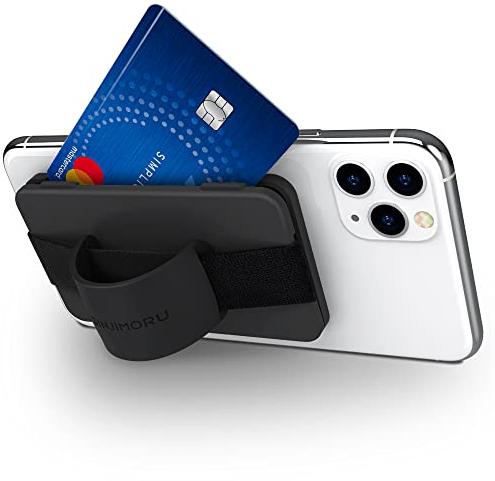 Sinjimoru Cell Phone Card Holder Wallet Case, Secure Silicone Stand Card Zip 2 for Back of Phone - Black with Black Band