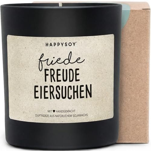 Friede Freude Eiersuchen - Duftkerze mit Spruch als Geschenk zu Ostern, liebevolle Aufmerksamkeit für Freunde und Familie, Kerze im Glas mit blumigem Duft