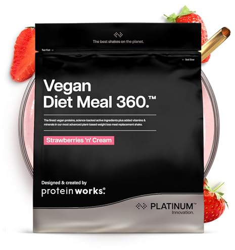 Protein Works | Vegan Diet Meal 360 - Platinum, Panna e Fragole, 2kg | Shake Dietetico Vegan, Supporta Perdita Peso Sana, Miscela Vitamine & Minerali, Tè Verde, 33 Pasti