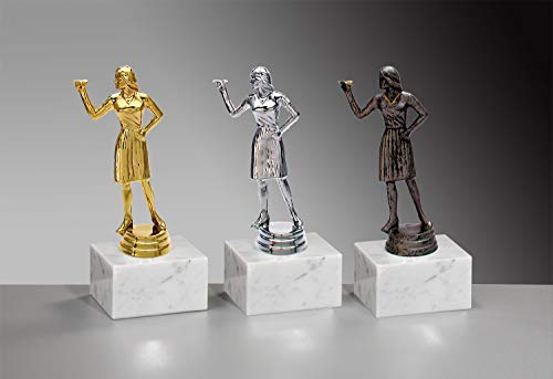 Henecka 🎯 Dart-Pokal, Dartspieler-Figur, Dart-Damen-Trophäe auf Marmorsockel, mit Wunschgravur, wählbar in 3 Farben (Gold)