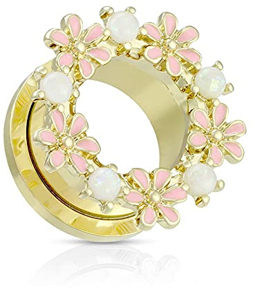 Treuheld® Goldener Flesh Tunnel mit Blumen und Perlen | 6 Größen