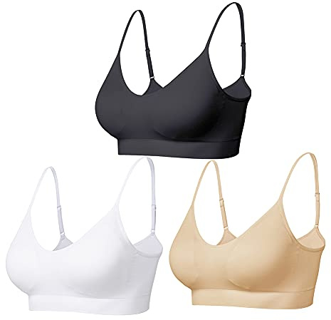 Comfyin Bustier Damen Gepolstert Sport BH Set ohne Bügel Yoga BH Top 3er Pack,Schwarz+weiß+beige,XL