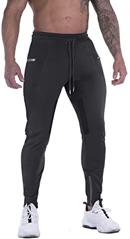 FIRSTGYM Mens Joggers Sweatpants Slim Fit Workout Training Thigh Mesh Gym Jogger Pants with Zipper Pockets Black