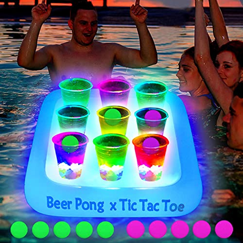 Ahuimeius 23 x 23 Inch Glowing Pool Party Rack Tic Tac Toe Floating Rafts, Swimming Pool Pong Party Game Drinking Game and Drink Holder, Includes 1 Rafts 9 Cups and 10 Pong Balls, Flashing Color 1