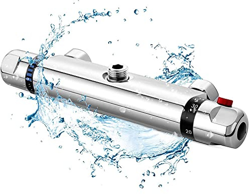 Chrome Thermostatic Shower Mixer, Solid Brass Bathroom Thermostat Bar Valve Anti Scald Tap, Hot & Cold Water Mixer Top Outlet Constant Temperature Control(Top 1/2)
