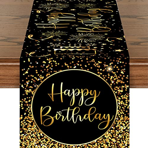 Geburtstag Tischläufer, Schwarz Gold Geburtstag Dekoration, Waschbar Tischband, Männer Frauen Happy Birthday Tischdecke für Drinnen und Draußen Familienessen, Baby Shower Tischdekoration, 35x185cm