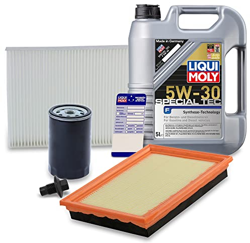 BESTPRICE Inspektionspaket Filterset mit 1x Ölfilter; 1x Luftfilter; 1x Innenraumfilter; 1x Ölablassschraube mit Dichtring; 1x Motoröl 5W-30 LIQUI MOLY Special Tec F 5 l; 1x Ölwechselanhänger