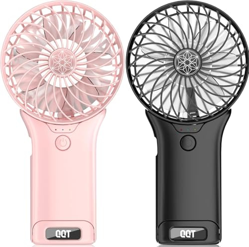 QQT Mini Handheld Fan,4 Speed Adjustable Portable Battery Operated Fans,USB Rechargeable Desk Fan with Mirror,Max 20 Hrs Hand Fan For Travel Office Outdoor Women Men（Pink&Black）